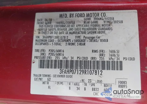 2009 Ford Fusion Se z USA, uszkodzony, nr VIN 3FAHP07129R107812